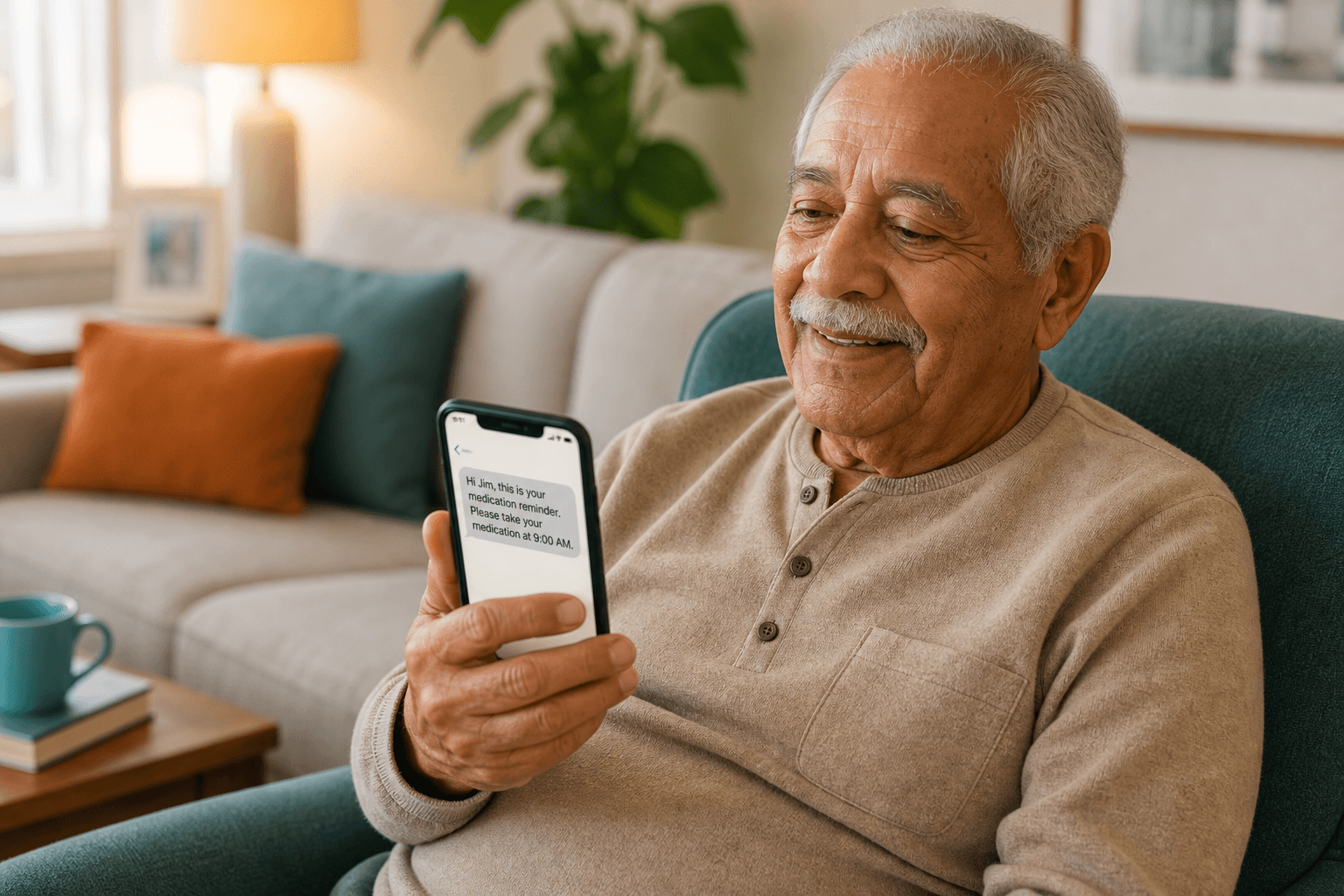 Elderly parent smiling while reading a gentle medication and meal reminder on their phone