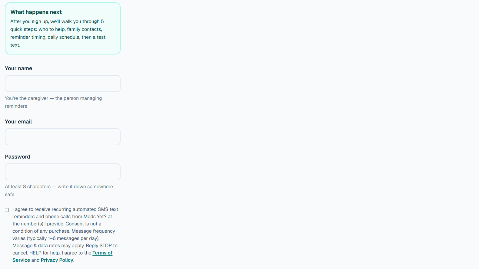 Screenshot of the live medsyet.com/signup form showing the consent checkbox in its default unchecked state