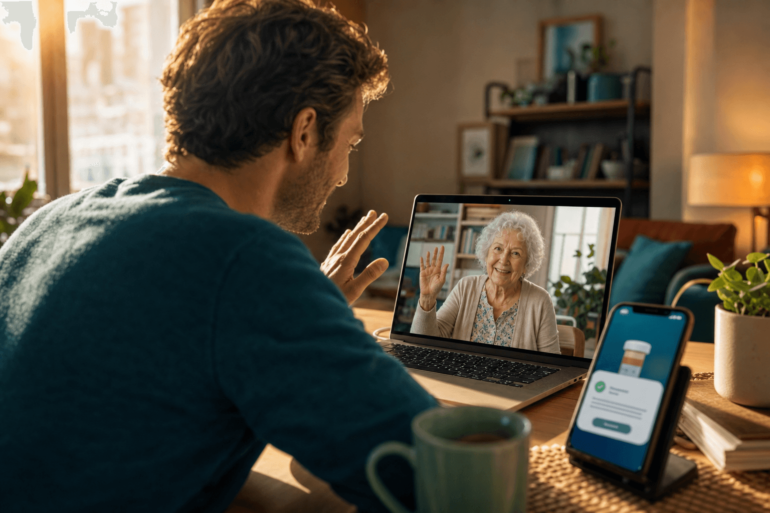 Adult child video calling elderly parent while checking medication reminder