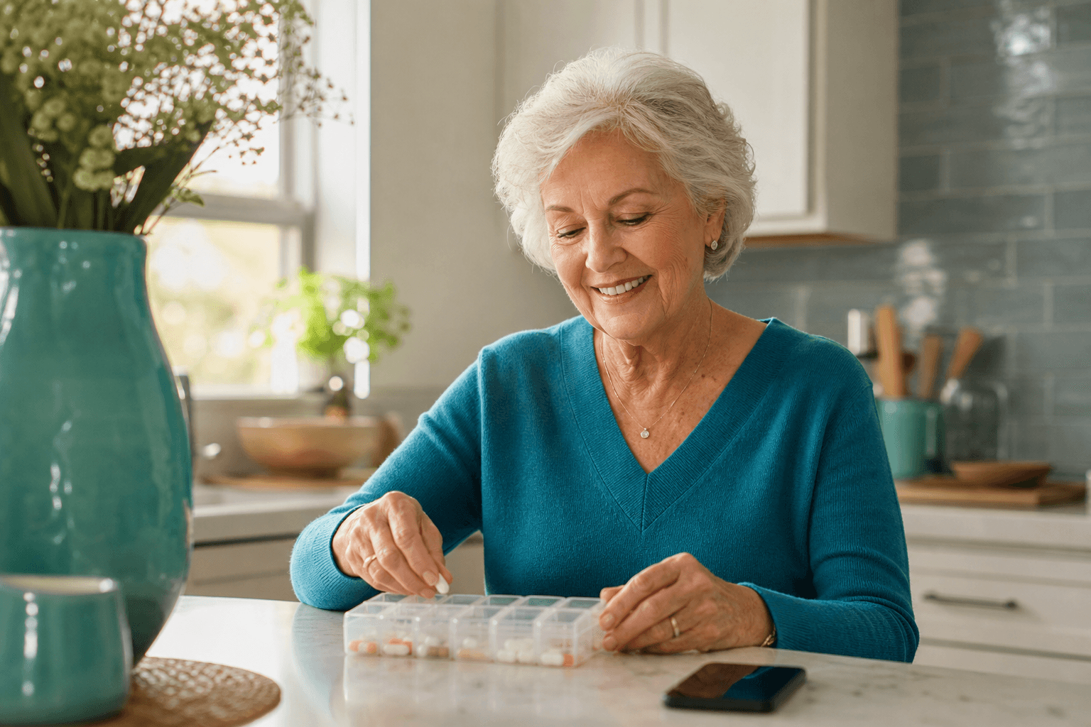 Elderly woman independently managing her medications